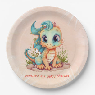 Adorable Little Dragon Fairytale Boy Baby Shower Paper Plate