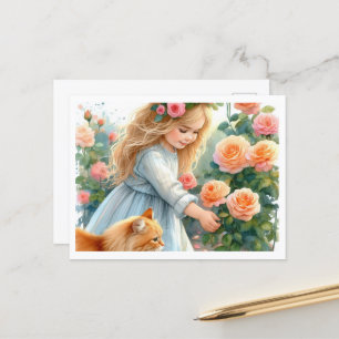 Adorable Little Girl Picking Roses with Ginger Cat Postcard