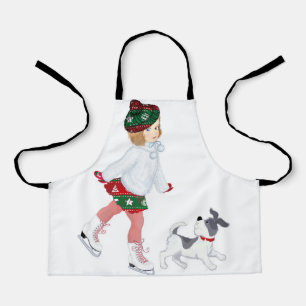Adorable little girl skating on ice and Dog Apron