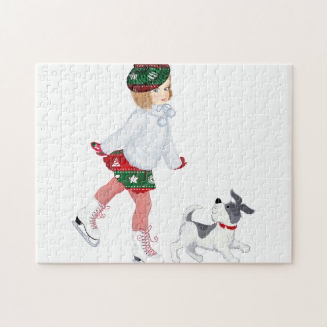 Adorable little girl skating on ice and Dog Jigsaw Puzzle (Horizontal)
