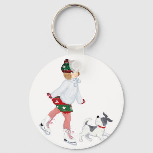 Adorable little girl skating on ice and Dog Key Ring