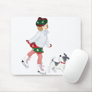 Adorable little girl skating on ice and Dog Mouse Mat