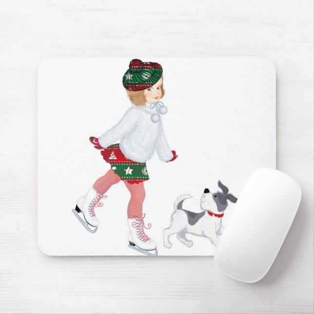 Adorable little girl skating on ice and Dog Mouse Mat (With Mouse)