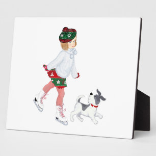 Adorable little girl skating on ice and Dog Plaque