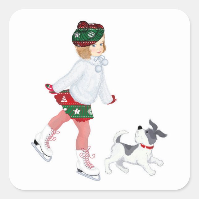 Adorable little girl skating on ice and Dog Square Sticker (Front)