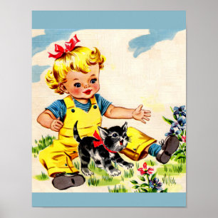 adorable little girl with adorable little kitten poster