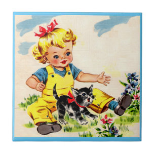adorable little girl with adorable little kitten tile