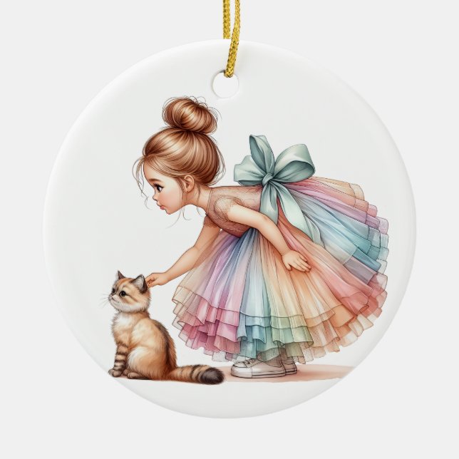 ADORABLE LITTLE GIRL WITH HER KITTEN CERAMIC TREE DECORATION (Front)