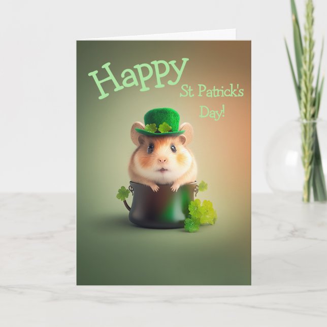 Adorable Little Happy Hamster St. Patrick's Day Holiday Card (Front)