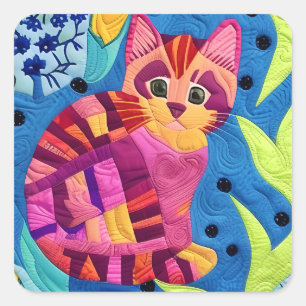 Adorable Little Kitten Quilt Like Design Square Sticker