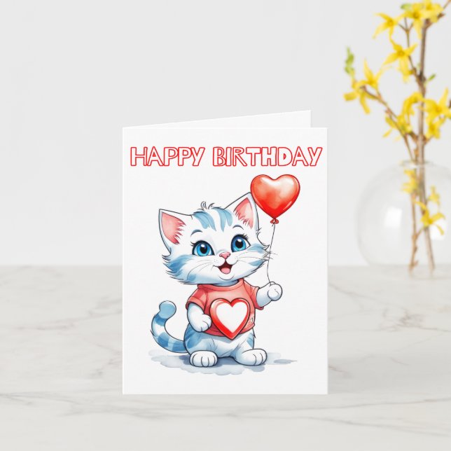Adorable Little Kitty Cat Happy Birthday Card (Yellow Flower)