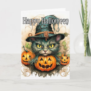 Adorable Little Kitty Cat Witch   Happy Halloween Card