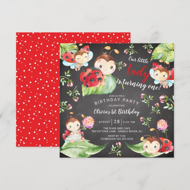 Adorable Little Lady Ladybug 1st Birthday Invitati Invitation (Front/Back)