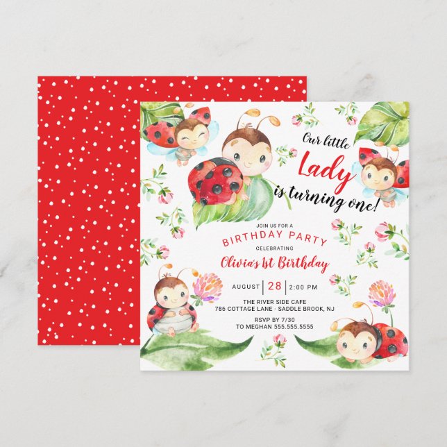 Adorable Little Lady Ladybug 1st Birthday Invitati Invitation (Front/Back)