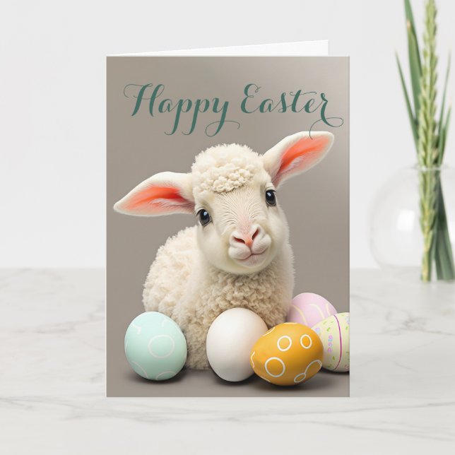 Adorable Little Lamb with Easter Eggs Holiday Card (Front)