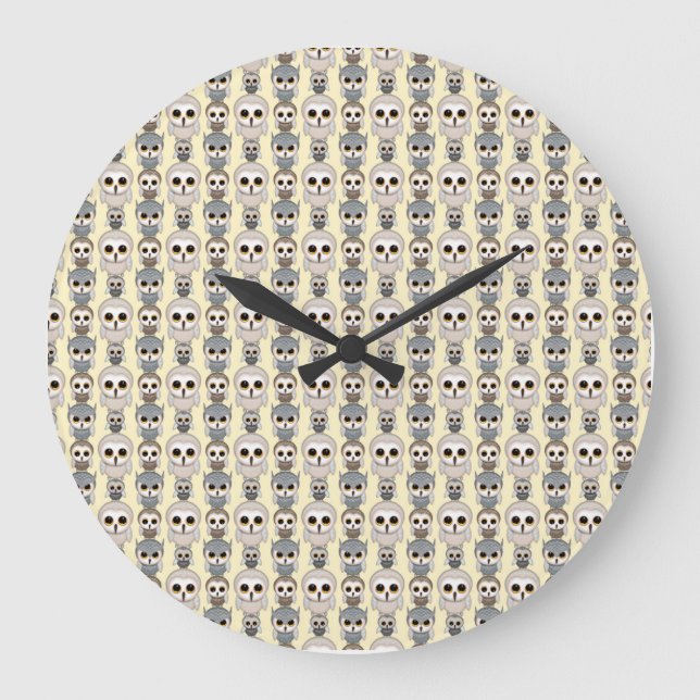 Adorable Little Owls Pattern on Light Yellow Large Clock (Front)
