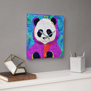 Adorable Little Panda - Quilt-Like Design Square Wall Clock