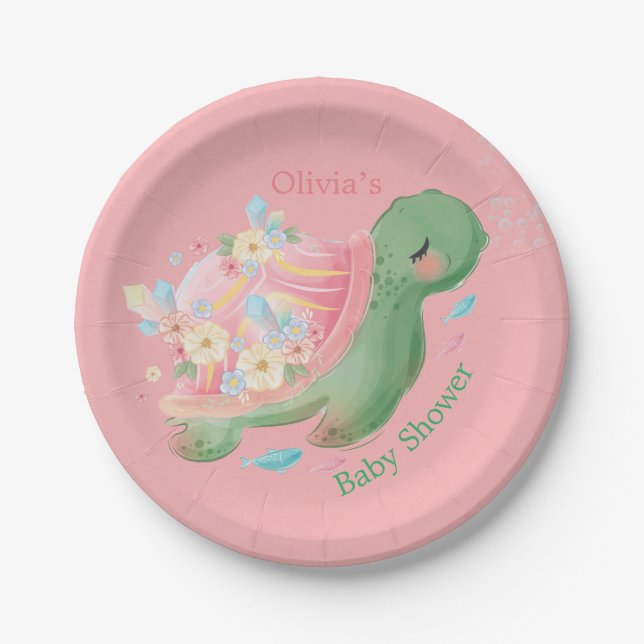 Adorable Little Turtle Pink Baby Shower Paper Plate (Front)