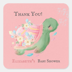 Adorable Little Turtle Pink Baby Shower Thank You Square Sticker