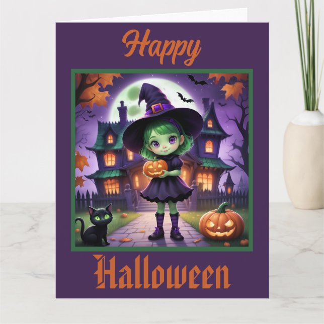 Adorable Little Witch Halloween Card (Front)