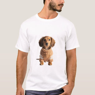 Adorable Long-Haired Dachshund in Cosy Brown Sweat T-Shirt
