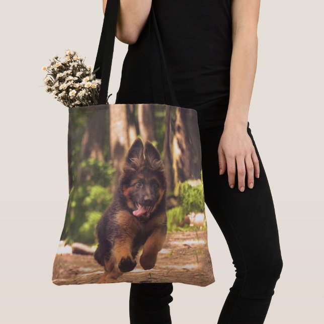 Adorable Long Haired German Shepherd Puppy Tote Bag (Close Up)