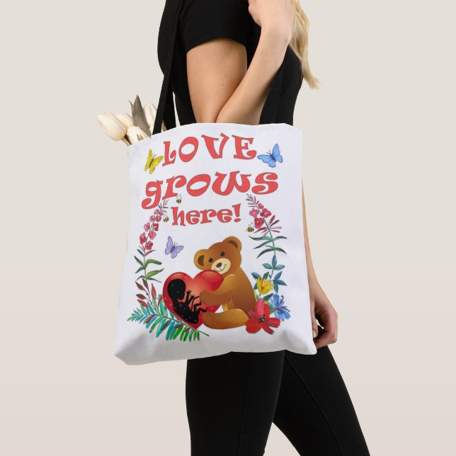 Adorable "Love Grows Here" Maternity / Motherhood Tote Bag (Close Up)