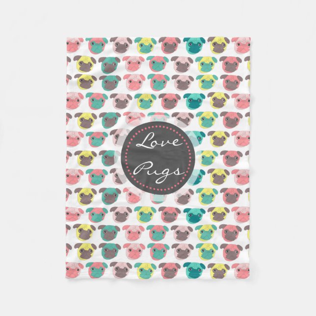 Adorable “ Love Pugs” colourful pugs illustration Fleece Blanket (Front)