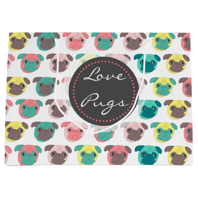 Adorable “ Love Pugs” colourful pugs illustration Large Gift Bag (Front)