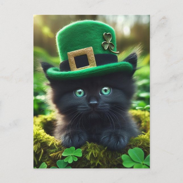 Adorable Lucky Black St. Patrick's Day Kitten Postcard (Front)