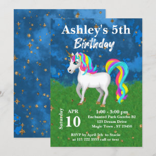 Adorable Magical Unicorn 5th Birthday Party Invitation