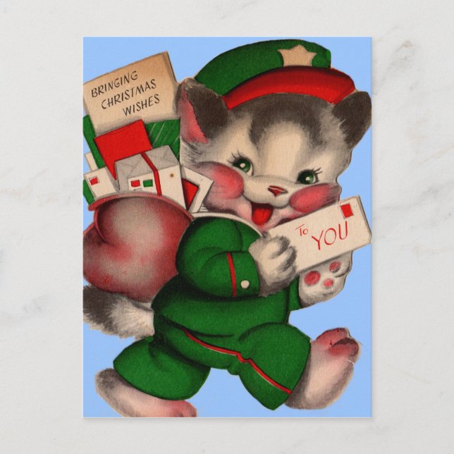 adorable mail kitten delivering Christmas packages Holiday Postcard (Front)