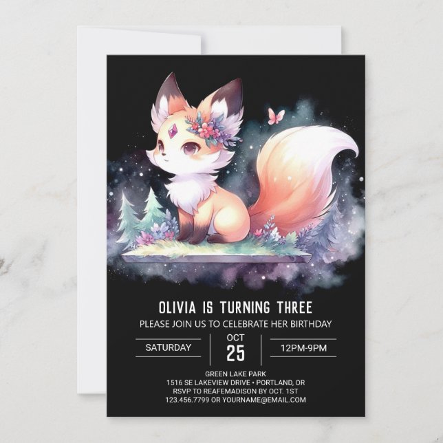 Adorable Majestic Fox Birthday digital Invitation (Front)