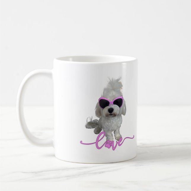 Adorable Maltese Dog Pink Glasses Love Paw Print Coffee Mug (Left)
