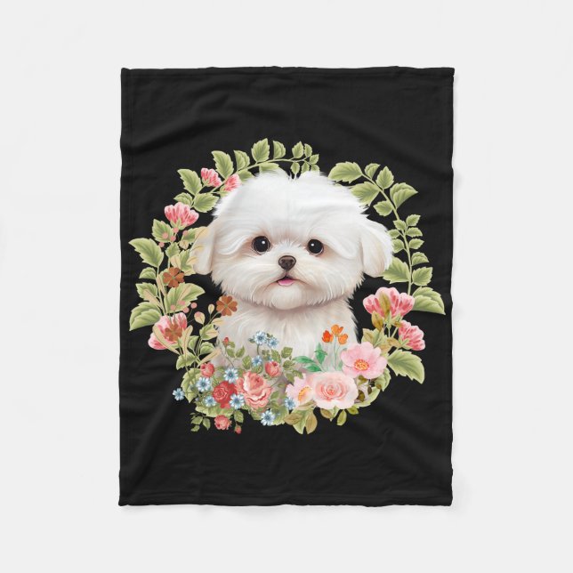 Adorable Maltese Puppy in Bloom, Maltese Dog lover Fleece Blanket (Front)