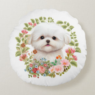 Adorable Maltese Puppy in Bloom, Maltese Dog lover Round Cushion