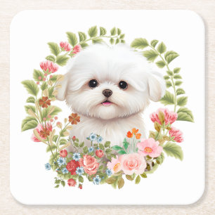Adorable Maltese Puppy in Bloom, Maltese Dog lover Square Paper Coaster