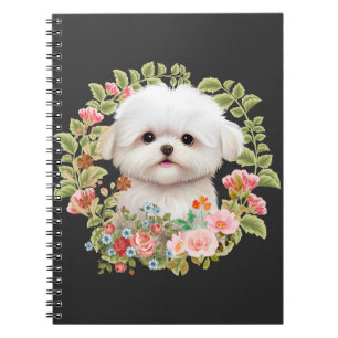 Adorable Maltese Puppy Surrounded by Flowers Notebook