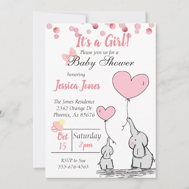 Adorable Mama & Baby Pink Elephants Baby Shower Invitation (Front)
