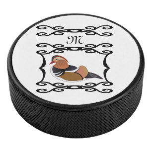 Adorable Mandarin Duck Cartoon Monogram Hockey Puck