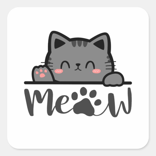 Adorable Meow Cute Cat Sticker Square Kitty Design (Front)