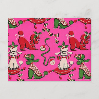 Adorable Mid-century MCM holiday poodles on Pink   Postcard