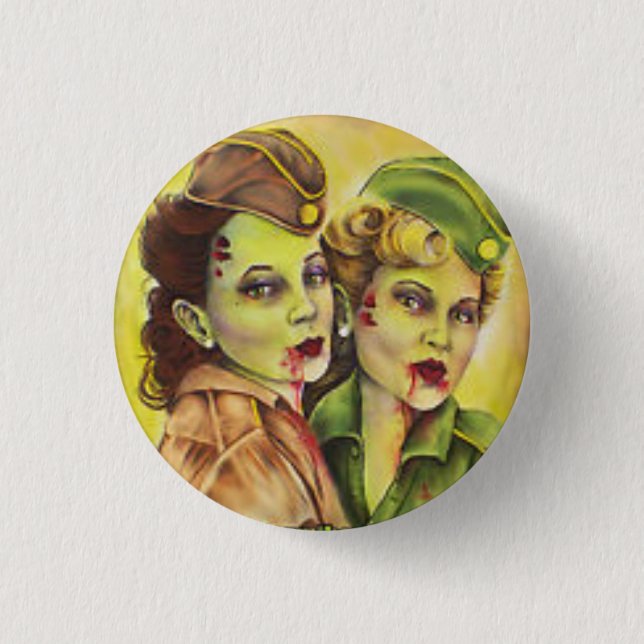 Adorable military zombie women button (Front)