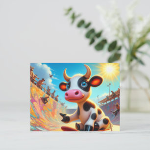 Adorable Mini Black and White Cow Skateboarding Postcard