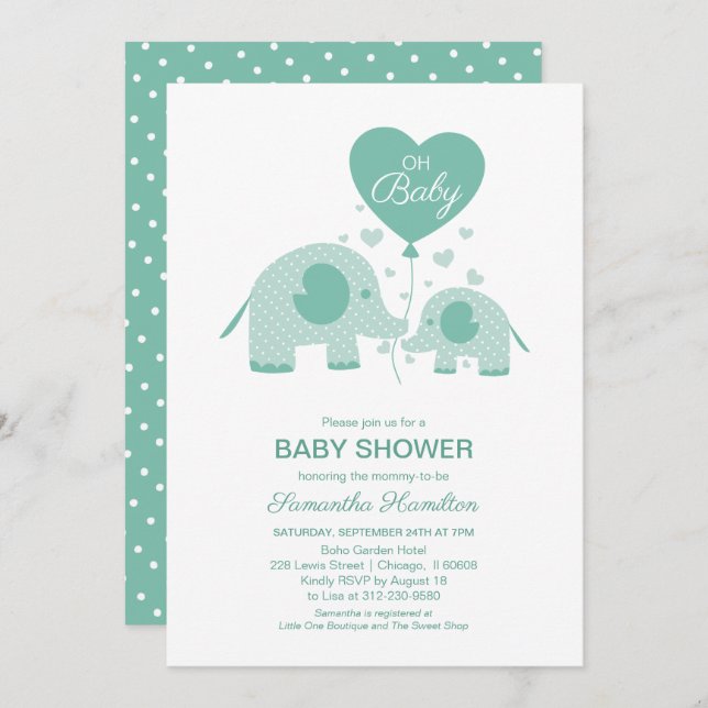 Adorable Mint Green Elephant Baby Shower Invitation (Front/Back)