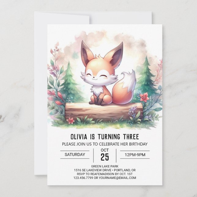 Adorable Modern Fox Birthday digital Invitation (Front)
