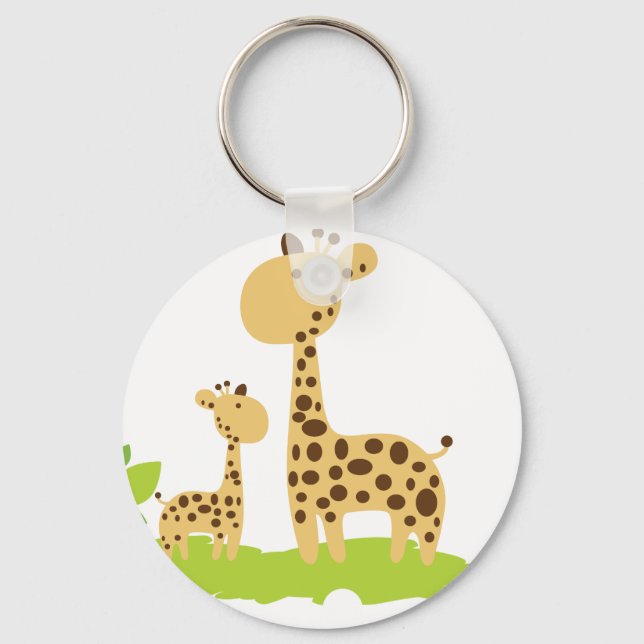 Adorable Mom & Baby Giraffe Green & Yellow Key Ring (Front)
