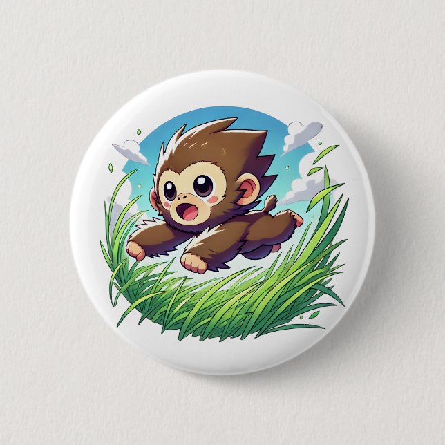 Adorable monkey leaping through a field 6 cm round badge (Front)