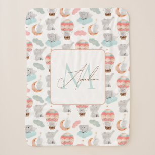 Adorable Monogram Initial Name Baby Elephant Pink Sherpa Blanket