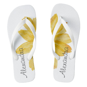 Adorable monogram l Yellow watercolor floral White Flip Flops